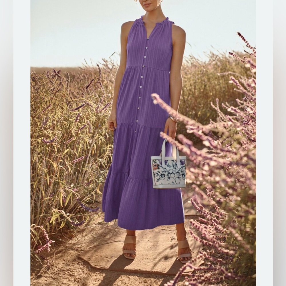 J.Jill - NWT women’s sleeveless tiered Maxi dress purple buttons‎ front size XSP